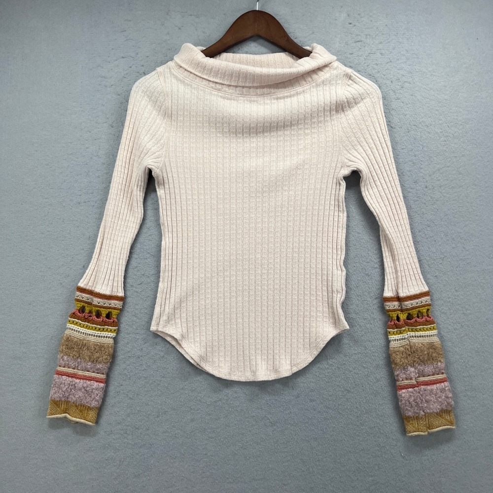 Free People Sweater Womens S Pink Snow Angel Ribbed Crochet Cuff Boho Layering